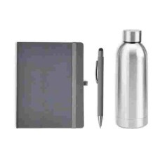 Kit Garrafa, Caderno E Caneta - Cinza/Prata - 3 Pçs Personalizado